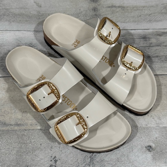 BIRKENSTOCK Arizona Hammered Big Buckle Slide Sandal - Antique White - Sz-7-7.5 - Picture 2 of 9